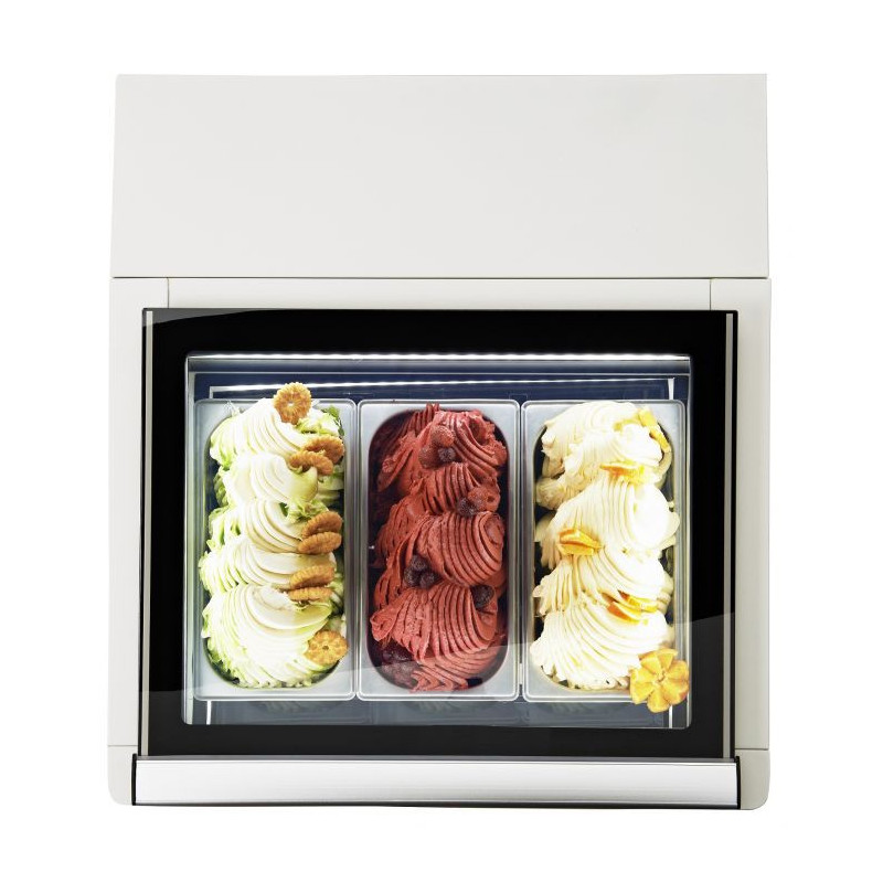 Tischmodell Weiße Eiscreme-Vitrine öffnet sich von der Bedienseite